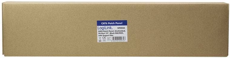 Brązowe pudełko z niebieską etykietą, na której widnieje napis 'LogiLink CAT6 Patch Panel, 24-Port UTP, Czarny NKF-0066'. Opakowanie akcesoriów sieciowych.