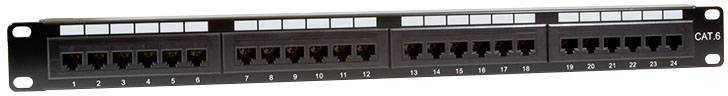 Czarna płyta krosowa z 24 portami RJ45, ponumerowana od 1 do 24, służąca do zarządzania i organizacji przewodów sieciowych.