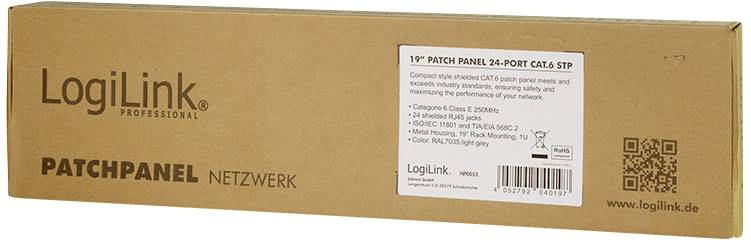 Opakowanie pudełka z napisem 'LogiLink Patch panel 24-portowy CAT.6 STP', prezentujące zdjęcie produktu i zawierające szczegółowe informacje techniczne.