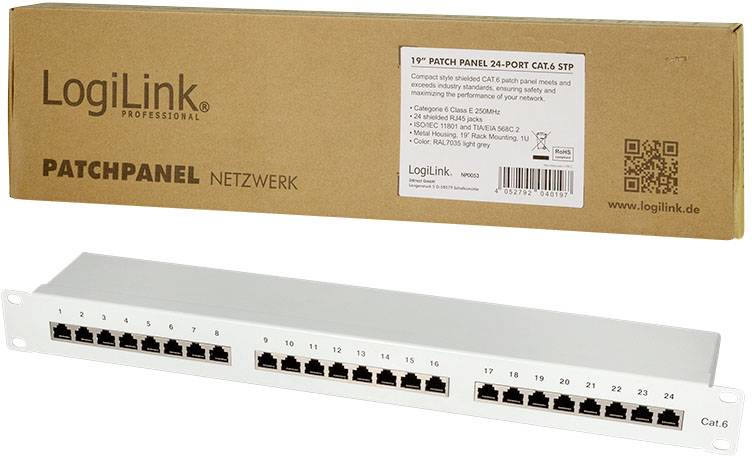 Patchpanel 19-calowe LogiLink z 24 portami dla Cat.6 STP. Służy do okablowania sieciowego i posiada ponumerowane porty od 1 do 24.