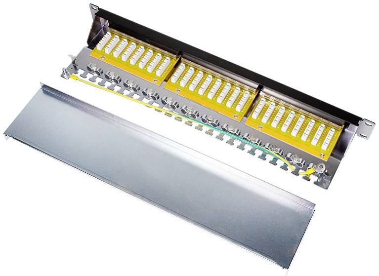 'Wkład rozdzielnika z listwami zaciskowymi' przedstawia otwarty rozdzielnik z żółtymi szynami izolacyjnymi, gotowy do podłączenia kabli.