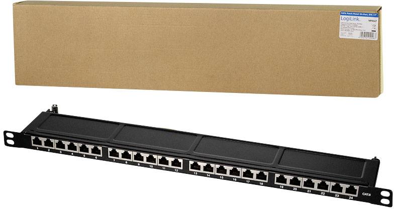 Patch panel z 16 portami Ethernet, odpowiedni do okablowania sieciowego. Opakowanie z etykietą LogiLink w tle.