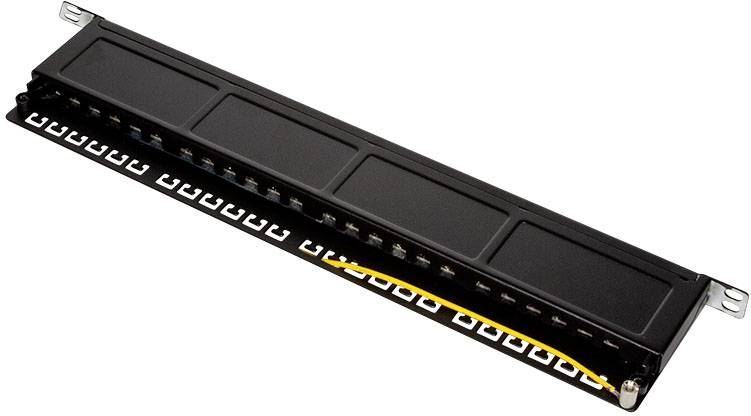 Czarna płyta przyłączeniowa z wieloma portami sieciowymi. Podłączony jest żółty kabel. Używana jest do połączeń sieciowych.