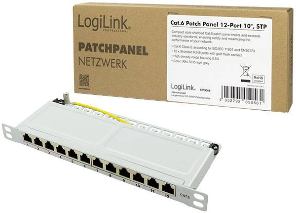 Panel krosowy LogiLink Cat.6 z 12 portami. Posiada gniazda RJ45 i jest zawarty w białej obudowie z kartonowym opakowaniem.