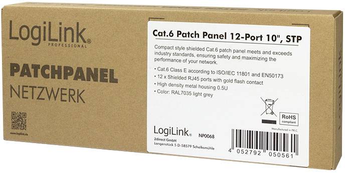 Panel krosowy LogiLink, 12-portowy, 10", STP, kat. 6, kolor RAL7035, do sieci, zgodny z RoHS. Wymiary i dane techniczne na opakowaniu kartonowym.
