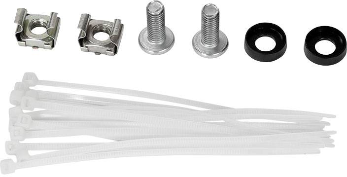 Zestaw składający się z dwóch śrub, dwóch nakrętek klatkowych, dwóch podkładek i kilku białych opasek kablowych.