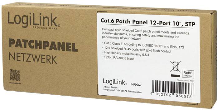 LogiLink Patch Panel Kat. 6, 12-portowy, 10", STP, kompaktowa, ekranowana jednostka przyłączeniowa kabli sieciowych w brązowym opakowaniu, odpowiednia do wymagań wysokiej wydajności.