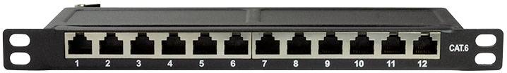 Panel patch sieciowy z 12 portami RJ45, numerowanymi od 1 do 12, umożliwia organizację i podłączenie kabli sieciowych.