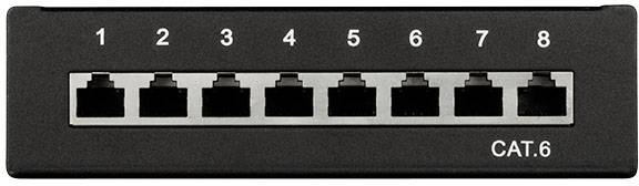 'Czarna 19-calowa patch panel CAT.6 z ośmioma numerowanymi portami Ethernet, od 1 do 8.'