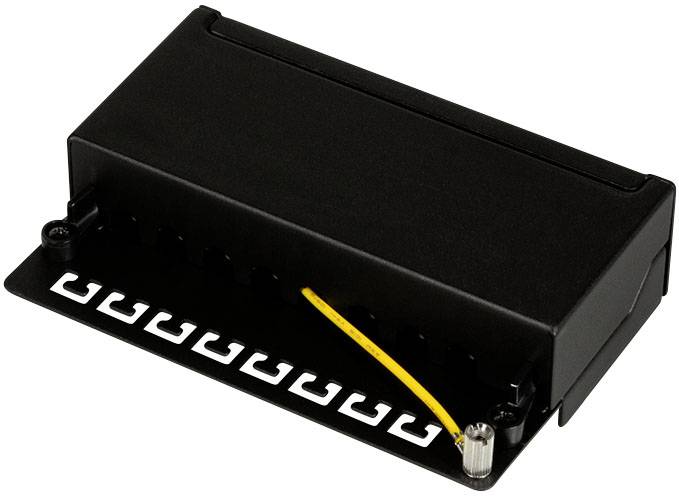 Czarny przetwornik mostka gitarowego z żółtym przewodem i dwunastoma małymi prowadnicami strun, widok z boku.