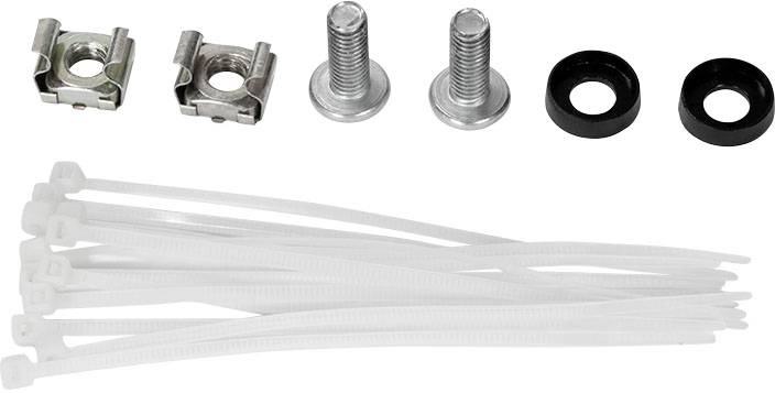 Różne elementy mocujące: dwie nakrętki klatkowe, dwie śruby, dwie podkładki i kilka białych opasek kablowych.