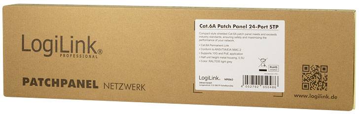 Prostokątny karton firmy LogiLink na Panel Krosowy Cat.6A, 24-portowy STP. Zawiera szczegółowe dane techniczne oraz odniesienia do www.logilink.de.