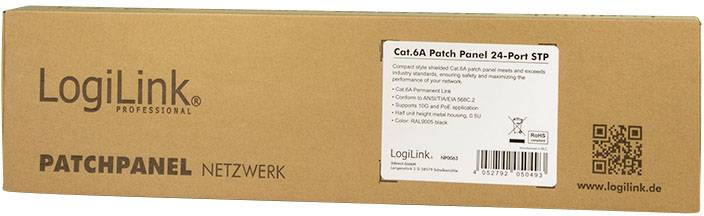 Brązowe pudełko z napisem 'LogiLink Patch Panel Sieciowy'. Etykieta opisuje panel krosowy Cat6A z 24 portami STP.