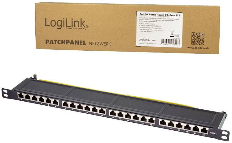 Panel połączeniowy LogiLink Cat.6A z 24 portami, czarny panel do profesjonalnych połączeń sieciowych Ethernet.