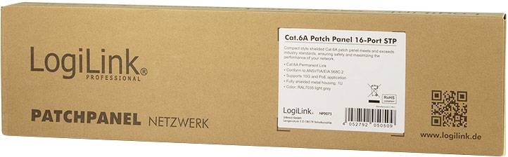 Panel łączący LogiLink w kartonie, kat. 6A, 16-portowy STP, przeznaczony do optymalizacji wydajności sieci. Opakowanie z logo i kodem QR.