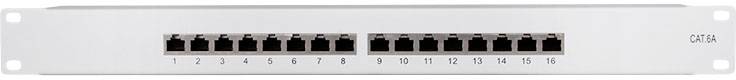 Panel krosowniczy CAT6A z 16 portami Ethernet, ponumerowanymi od 1 do 16, na białej płycie czołowej.