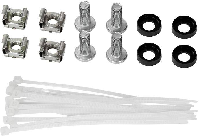 Różne materiały mocujące, w tym cztery metalowe nakrętki, cztery śruby, cztery czarne podkładki oraz białe opaski zaciskowe.