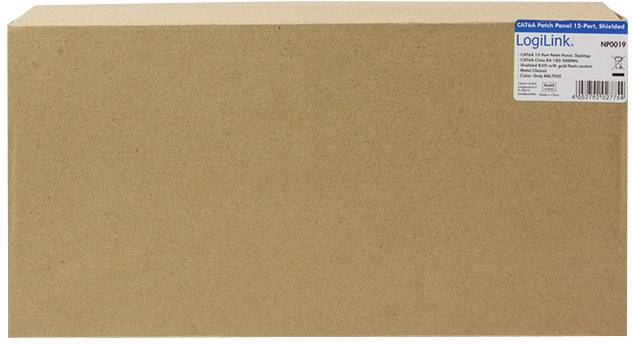 Kartonowe opakowanie z etykietą marki 'LogiLink' opisujące 'Panel krosowy CAT6A, 12 portów, ekranowany'