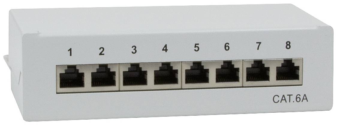 Przełącznik CAT.6A z ośmioma numerowanymi portami Ethernet, przeznaczony do łączenia wielu urządzeń w sieci lokalnej.