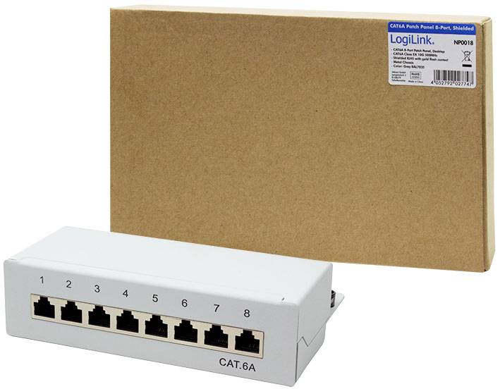 Patch panel z 8 portami, kategorii CAT 6A, oraz karton marki LogiLink w tle.