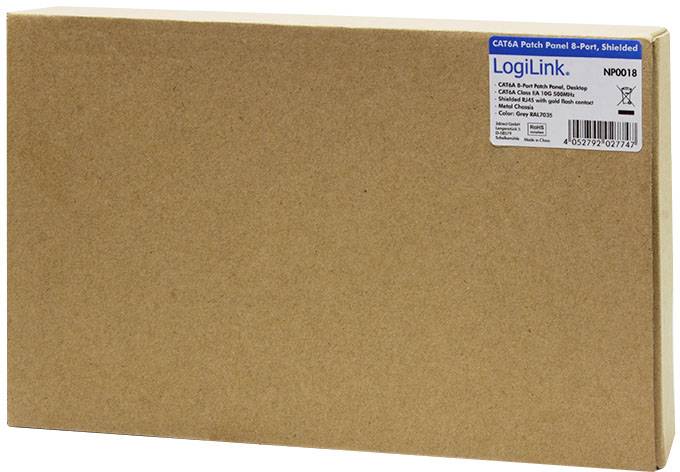 Brązowe pudełko z etykietą marki 'LogiLink', opisujące panel przyłączeniowy (patch panel) Cat6A o 8 portach.