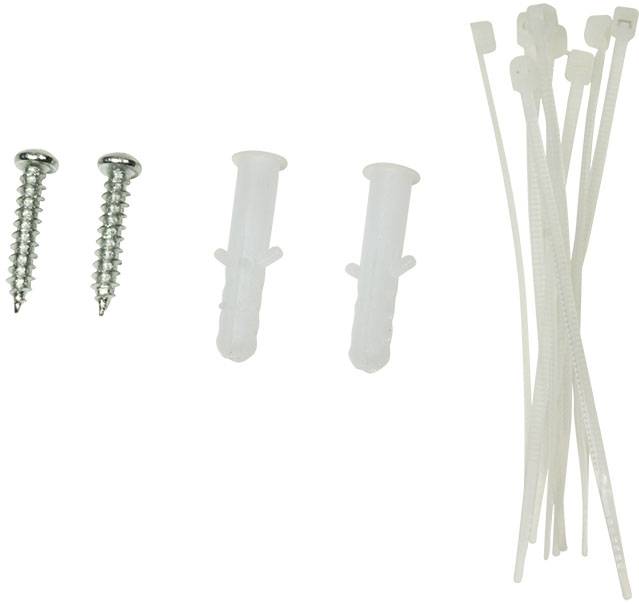 Dwie metalowe śruby, dwa kołki rozporowe i kilka opasek kablowych na białym tle. Odpowiednie do mocowań i zarządzania kablami.