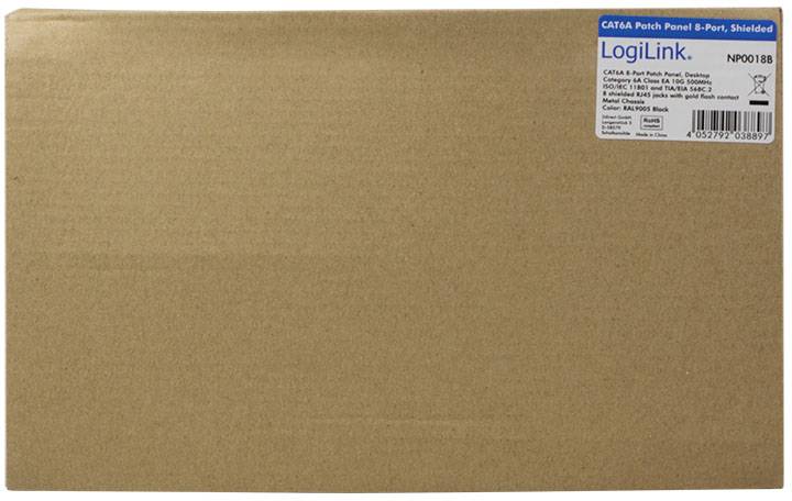 Brązowy karton z etykietą w prawym górnym rogu, na której widnieje napis 'LogiLink Patch Panel CAT6A 8-portowy, ekranowany'.