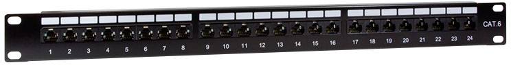 Patch panel z 24 portami RJ45, ponumerowanymi od 1 do 24. Używany do okablowania sieciowego i organizacji połączeń kablowych.