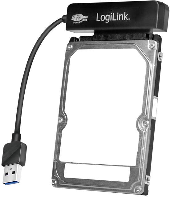 Zewnętrzna obudowa dysku twardego firmy LogiLink z interfejsem USB 3.0. Kompatybilna z dyskami 2,5-calowymi, srebrna konstrukcja ramowa.