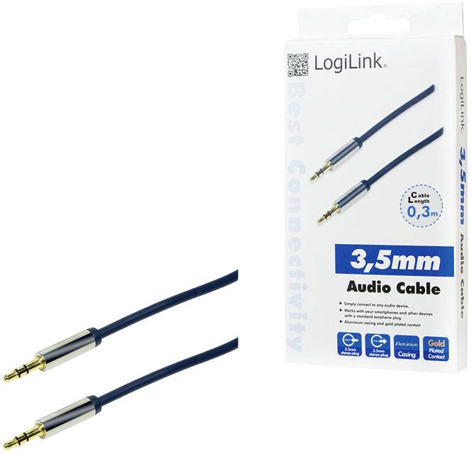 Kabel audio LogiLink, 3,5 mm, 0,3 m, ze złoconymi wtyczkami i niebieskim oplotem. Na opakowaniu widoczny rysunek przewodu.