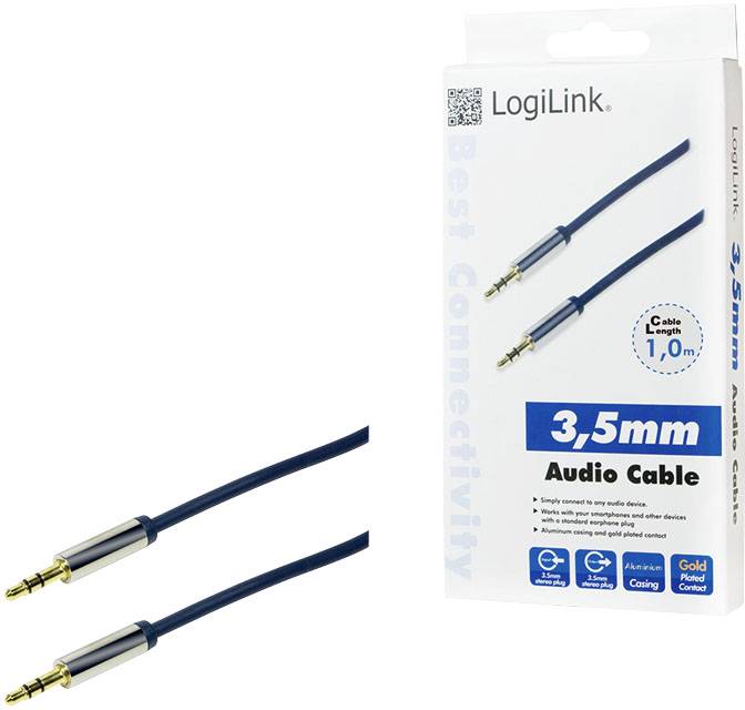 3,5 mm kabel audio firmy LogiLink ze złoconymi stykami i niebieskim płaszczem, długości 1 metra, przedstawiony na opakowaniu.