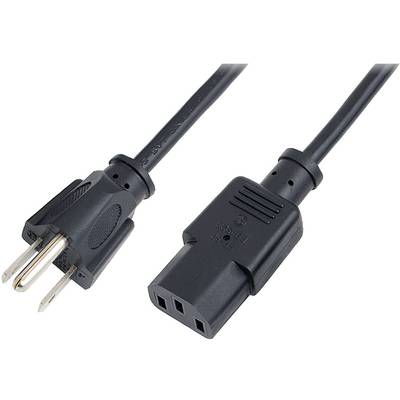 Na ilustracji przedstawiono czarny kabel sieciowy z wtyczką trójbiegunową i gniazdem, przeznaczony do zasilania urządzeń elektronicznych.