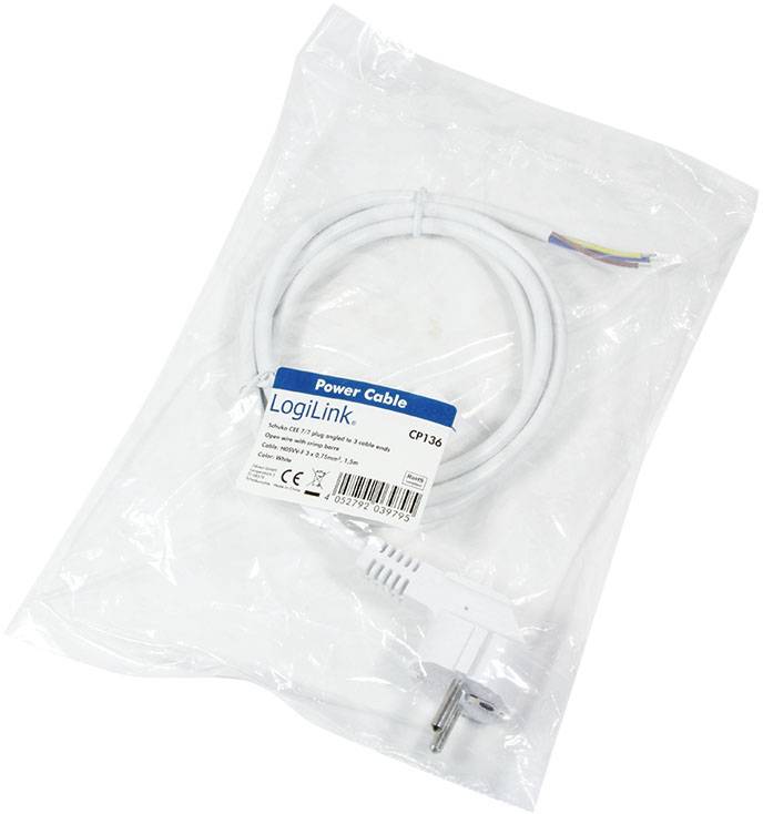 Białny kabel sieciowy firmy LogiLink z nieosłoniętymi końcówkami i wtyczką, zapakowany w przezroczystą plastikową torbę.