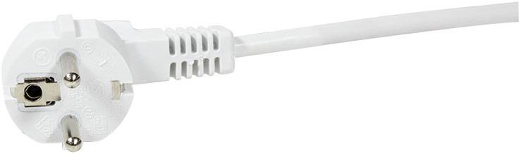 Biała wtyczka elektryczna z dwoma bolcami i bolcem uziemiającym na przewodzie.