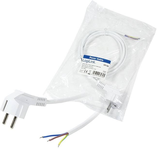 Białny kabel sieciowy firmy LogiLink z odkrytymi końcówkami, odpowiedni do podłączenia do europejskich gniazdek elektrycznych. Opakowanie zawiera szczegóły produktu.