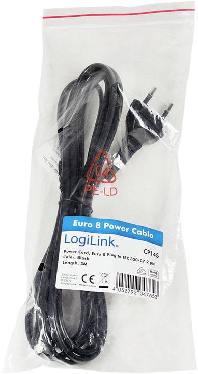 Czarny kabel sieciowy Euro 8 firmy LogiLink zapakowany w przezroczystą torebkę plastikową. Długość: 3m.