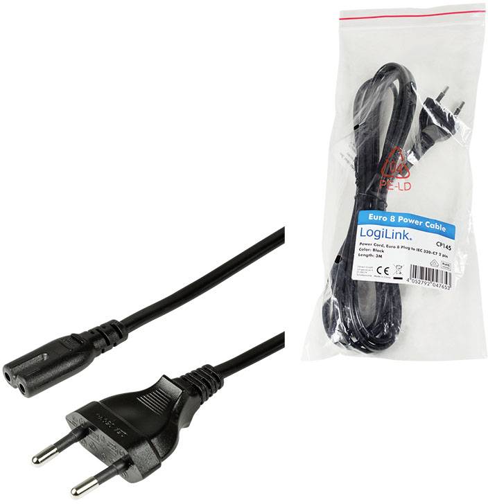 Kabel zasilające Euro 8 firmy LogiLink, zapakowane w woreczek z tworzywa sztucznego, z wtyczką i gniazdem Euro, sfotografowane na białym tle.