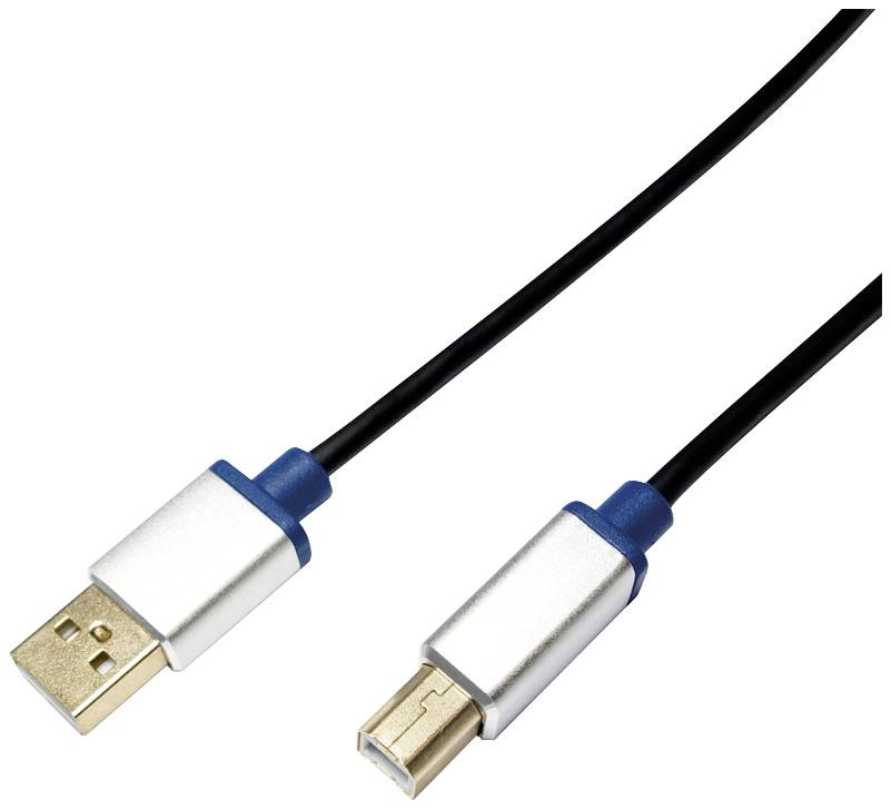 Kabel USB-A do USB-B z srebrnymi wtyczkami i niebieskimi końcówkami, odpowiednie do podłączania drukarek do komputerów.