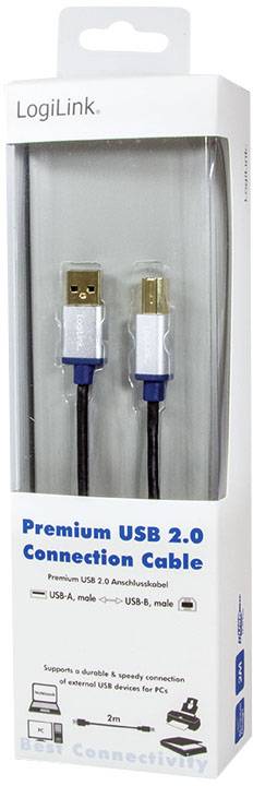 Kabel LogiLink Premium USB 2.0, złącze USB-A na USB-B, długość 2 m, w białym opakowaniu z przezroczystą przednią stroną.