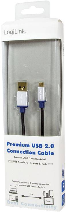 Przewód USB 2.0 Premium, długość 1 metra, z wtyczkami USB-A i Micro-B, przeznaczony do podłączania urządzeń do komputera PC.