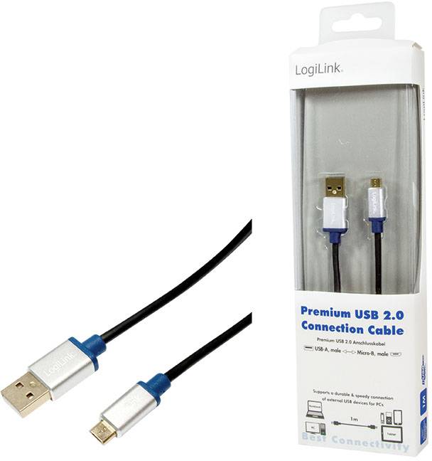 Kabel USB firmy LogiLink, typ USB 2.0 z wtyczkami standardowymi i Micro-B, przedstawione w opakowaniu i osobno, zapewniające najwyższą jakość połączenia.