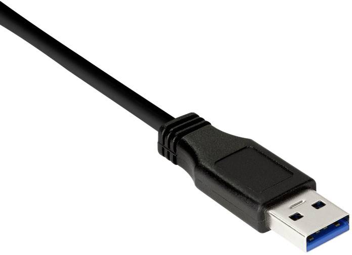 Czarny kabel USB z niebieskim wtykiem wewnętrznym na białym tle, typowy osprzęt do podłączania urządzeń do komputera.