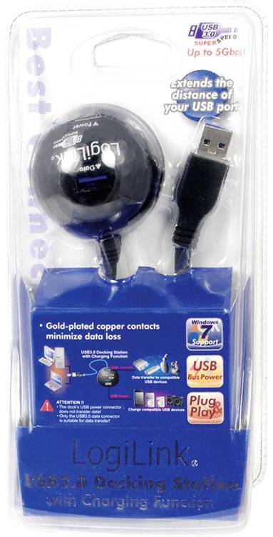 Stacja dokująca USB 3.0 'LogiLink' w opakowaniu z kablem USB oraz szczegółowymi informacjami tekstowymi dotyczącymi prędkości transferu danych i funkcji.