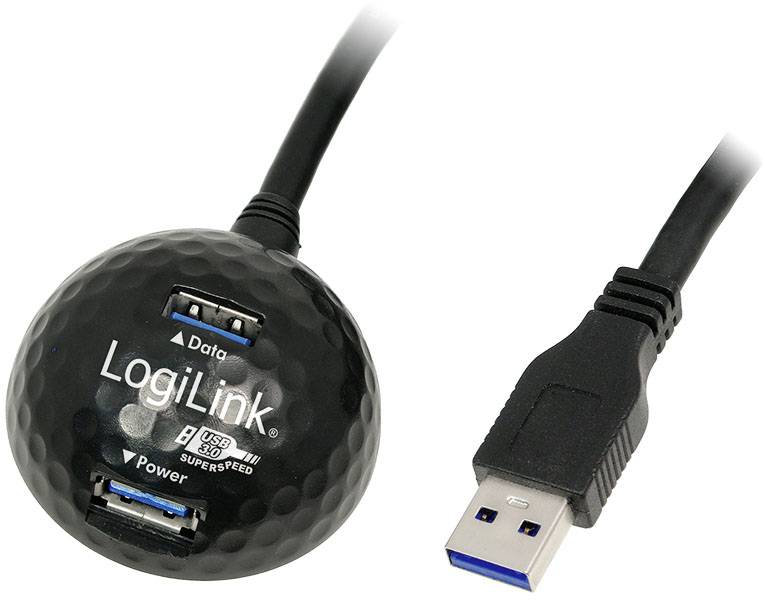 'Hub USB LogiLink, okrągły, z dwoma portami USB 3.0 do przesyłu danych i zasilania, z dołączonym przewodem USB.'
