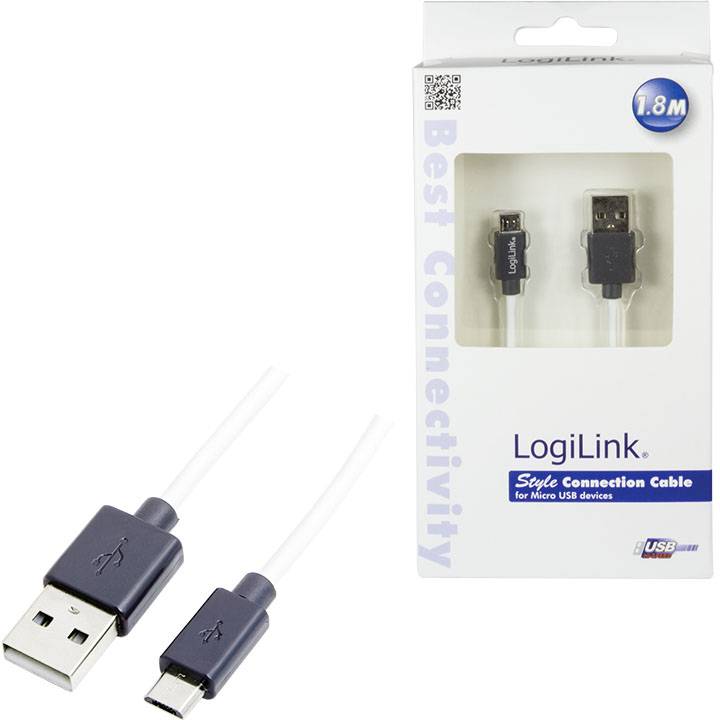 Kabel USB firmy LogiLink, 1,8 metra, do łączenia urządzeń. Opakowanie przedstawia obraz kabla z wtyczkami USB-A i Micro-USB.