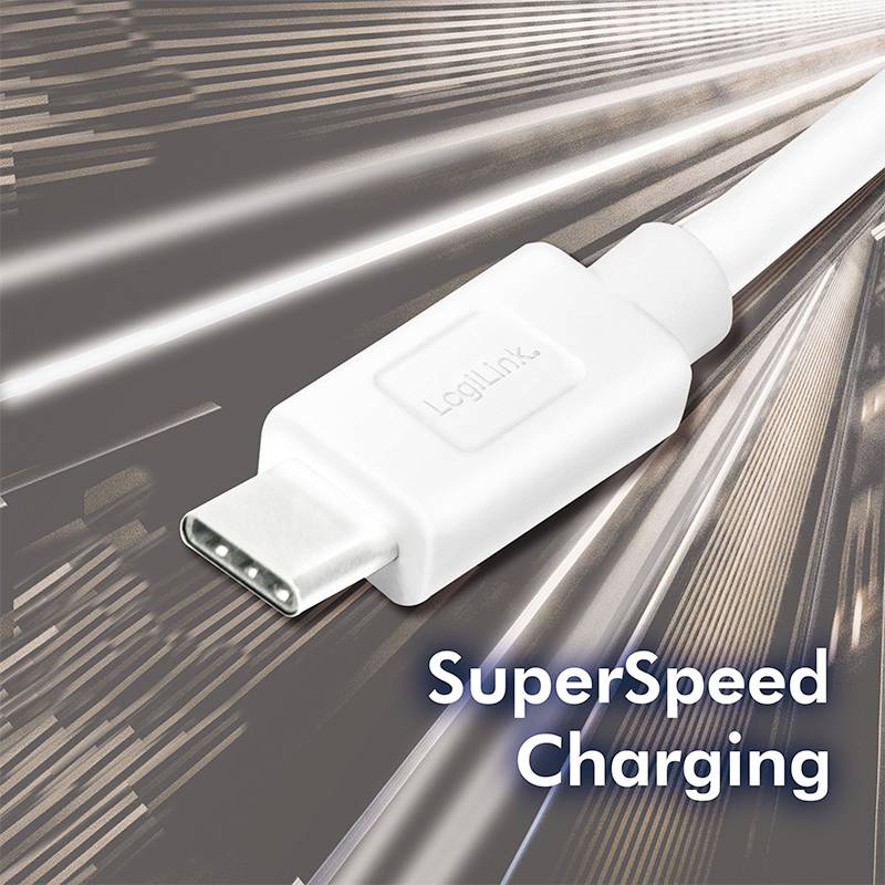 Zbliżenie białej wtyczki USB-C z otaczającym ją tekstem 'SuperSpeed Charging' na tle sugerującym prędkość.