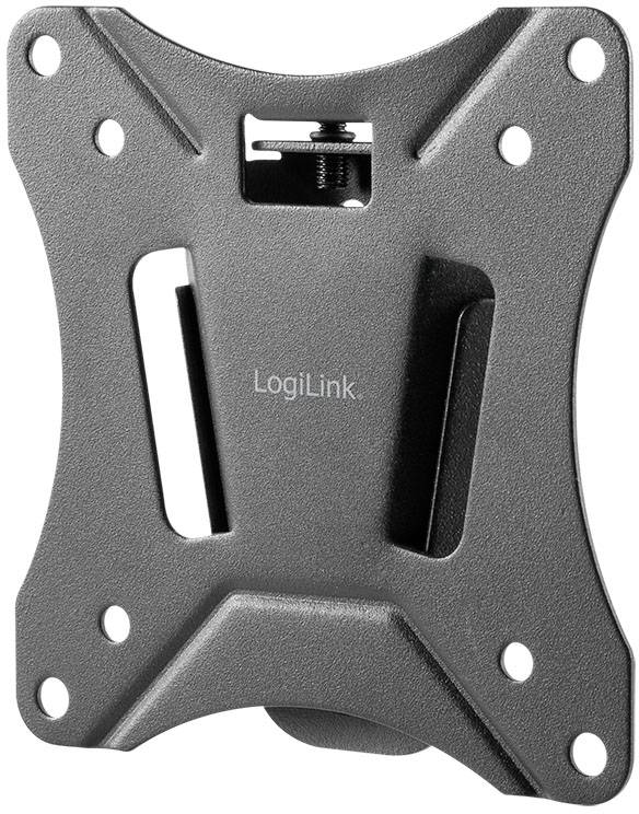 Płyta montażowa do TV lub monitora, czarna, z wieloma otworami mocującymi. Na górnej powierzchni widoczna nazwa marki 'LogiLink'.