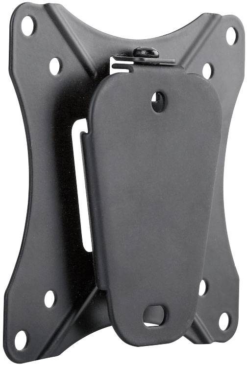 Czarna ścienna podstawa montażowa do płaskich ekranów, kompatybilna ze standardem VESA, wyposażona w wielopunktowy system mocowania, zapewniająca bezpieczną instalację.