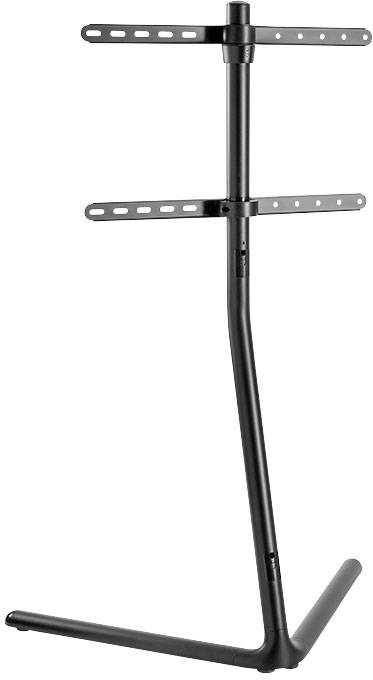 Czarny stojak do telewizora lub monitora, wyposażony w regulowane mocowania o zmiennej wysokości oraz stabilną podstawę.