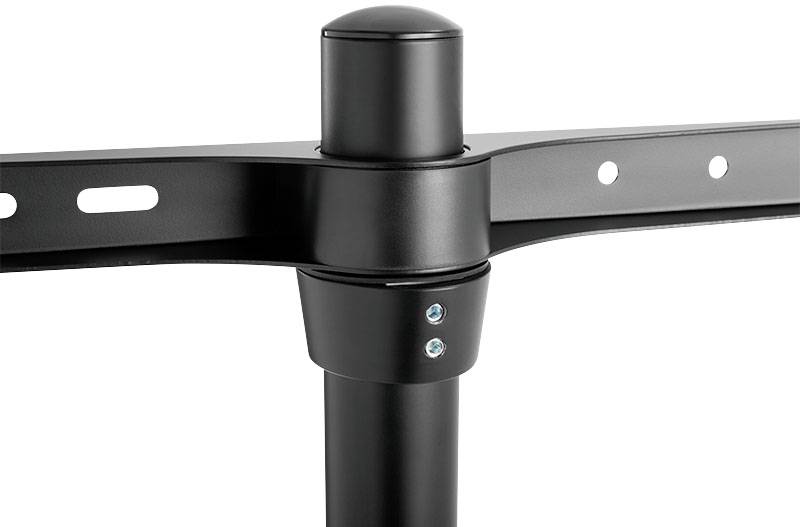 Czarny system mocowania telewizora na ścianie, ujęcie z bliska. Pokazuje centralny punkt obrotowy z wieloma przyłączami śrubowymi umożliwiającymi elastyczny montaż.